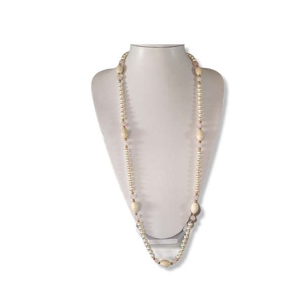 Vintage Stone, Rose Quartz, Faux Pearl, Gold Ball Continuous 36" Necklace - Picture 2 of 6